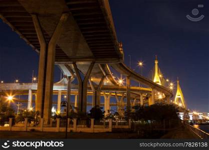 Bhumibol Bridge at night. Bridge to link with the complex and diverse routing traffic areas.