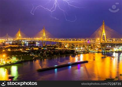 Bhumibol Bridge is one of the most beautiful bridges in Thailand and area view for Bangkok with thunderclap. Name of bridge comes from the name of The king of Thailand. Translate text