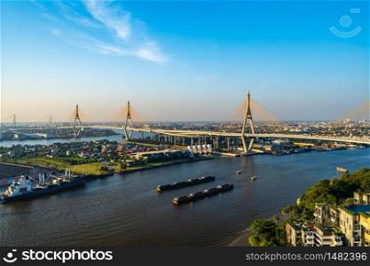 Bhumibol suspension bridge cross over Chao Phraya River in Bangkok city, Thailand