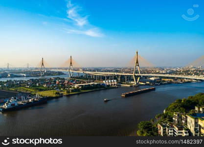 Bhumibol suspension bridge cross over Chao Phraya River in Bangkok city, Thailand