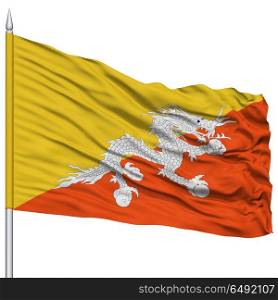 Bhutan Flag on Flagpole, Flying in the Wind, Isolated on White Background