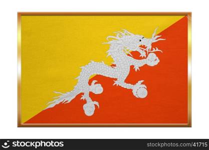 Bhutanese national official flag. Patriotic symbol, banner, element, background. Correct colors. Flag of Bhutan , golden frame, fabric texture, illustration. Accurate size, color