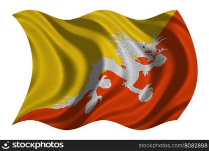 Bhutanese national official flag. Patriotic symbol, banner, element, background. Correct colors. Flag of Bhutan with real detailed fabric texture wavy isolated on white, 3D illustration