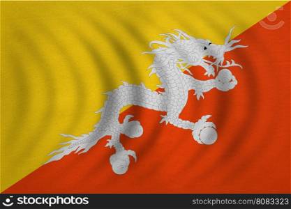 Bhutanese national official flag. Patriotic symbol, banner, element, background. Correct colors. Flag of Bhutan wavy with real detailed fabric texture, accurate size, illustration