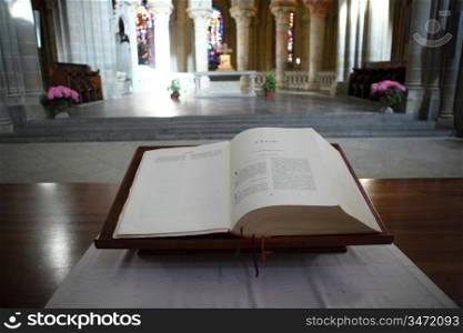 bible in church interior close up