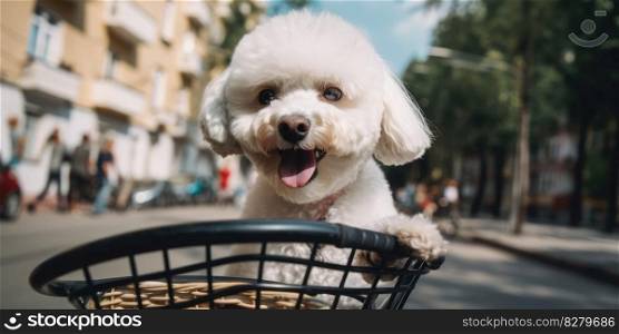 Bichon Frise dog have fun bicycle ride on sunshine day morning in summer on town street