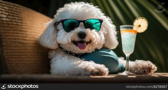 Bichon Frise dog is on summer vacation at seaside resort and relaxing rest on summer beach of Hawaii