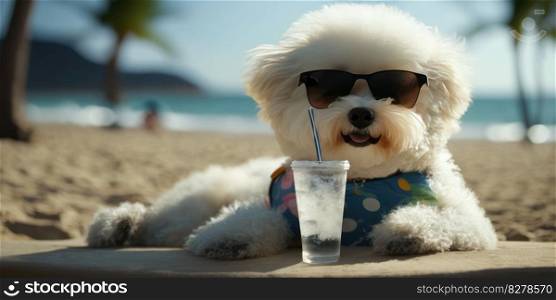 Bichon Frise dog is on summer vacation at seaside resort and relaxing rest on summer beach of Hawaii