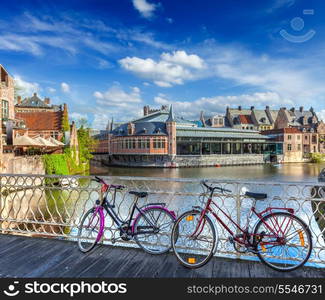 Bicycle is very common and popular transport in Europe. Bicycles in european town street. Ghent, Belghium