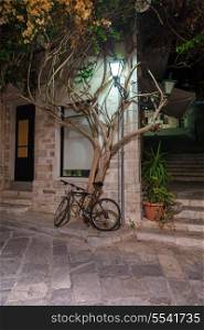 Bicycle near tree on the city street on Greece island&#xA;