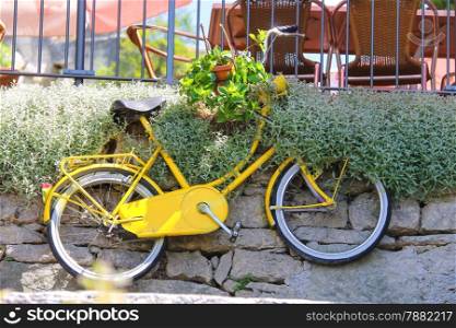 Bicycle on a wall with flowers in a basket
