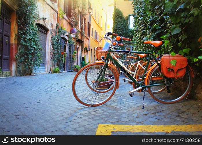 Bicycle standing in front of store on old street of Rome .