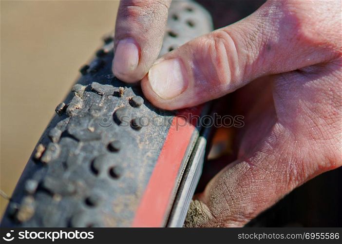 Bicycle wheel punctured, pecking repairing Bicycle tyre. pecking repairing Bicycle tyre, Bicycle wheel punctured