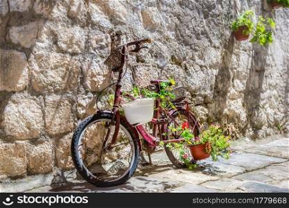 Bicycle with flowers on the street of Old Town in Perast. Bicycle with flowers