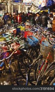Bicycles in a parking lot, China