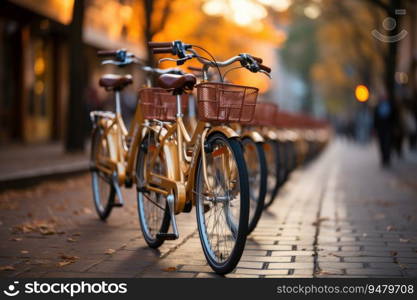Bicycles of different colors and shapes parked. Self service ecological means of transport for rent. Generative AI