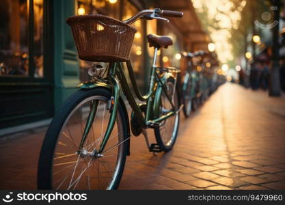 Bicycles of different colors and shapes parked. Self service ecological means of transport for rent. Generative AI