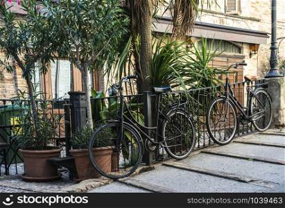 Bicycles on typical italian street. Many vintage bikes and flowers in Italy. Various colours bicycles on a small paved street. Pots with green decorative flowers. Concept for italian spirit.