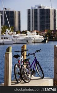 Bicycles parked on a dock