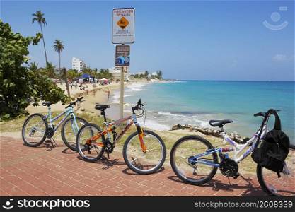 Bicycles parked on the path at the seaside, San Juan, Puerto Rico