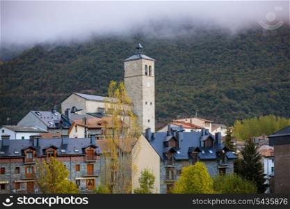 Biescas village in Huesca Aragon Pyrenees of Spain in foggy morning