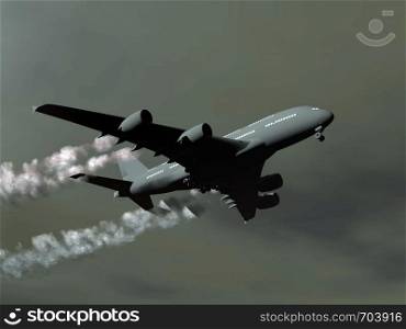 Big aircraft flying in the dark cloudy sky by night
