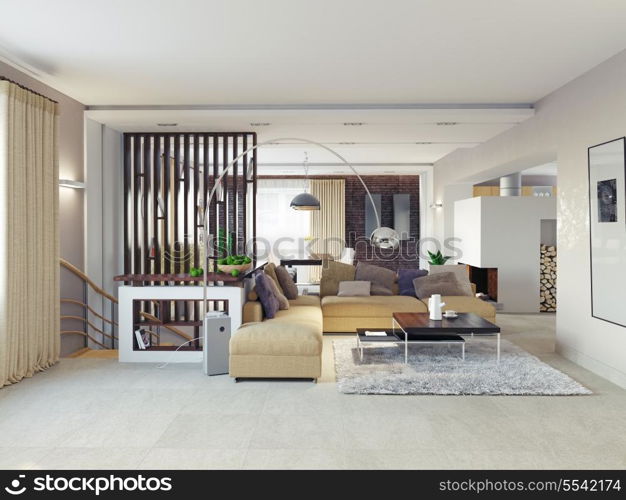 Big and comfortable living room.3D design concept