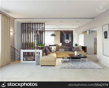 Big and comfortable living room.3D design concept