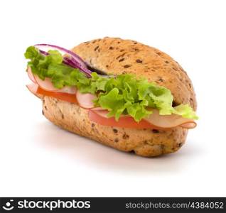 Big appetizing fast food baguette sandwich with lettuce, tomato, smoked ham and cheese isolated on white background. Junk food subway.