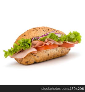 Big appetizing fast food baguette sandwich with lettuce, tomato, smoked ham and cheese isolated on white background. Junk food subway.