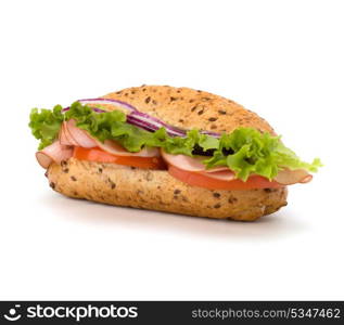 Big appetizing fast food baguette sandwich with lettuce, tomato, smoked ham and cheese isolated on white background. Junk food subway.