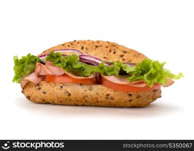 Big appetizing fast food baguette sandwich with lettuce, tomato, smoked ham and cheese isolated on white background. Junk food subway.