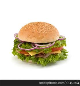 Big appetizing fast food sandwich with lettuce, tomato, smoked ham and cheese isolated on white background. Junk food hamburger.