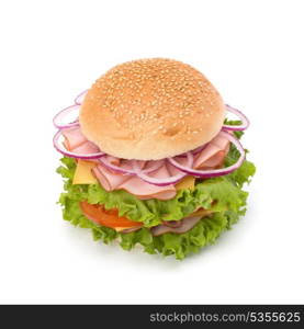 Big appetizing fast food sandwich with lettuce, tomato, smoked ham and cheese isolated on white background. Junk food hamburger.