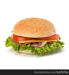 Big appetizing fast food sandwich with lettuce, tomato, smoked ham and cheese isolated on white background. Junk food hamburger.