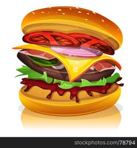 Big Bacon Burger. Illustration of a design big bacon burger icon, with beef steak, salad, tomatoes and onions for fast food snack and takeaway menu