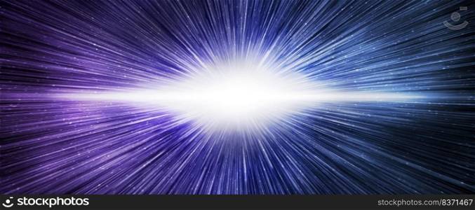 Big bang effect on bright blue galaxy sky, horizontal banner. 3d illustration. Big bang effect on bright blue galaxy sky, horizontal banner