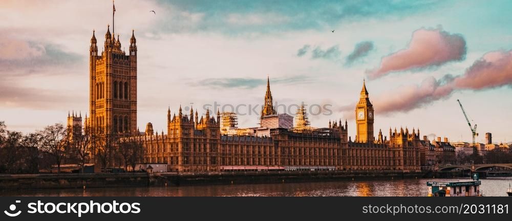 big Ben and Houses of Parliament at sunset, London, UK