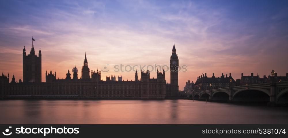 Big Ben and Houses of Parliament London during Winter sunset.