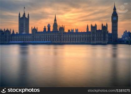 Big Ben and Houses of Parliament London during Winter sunset.