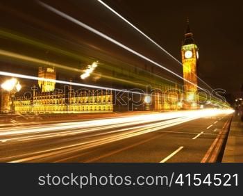 Big Ben and Parliament at night with trail lights