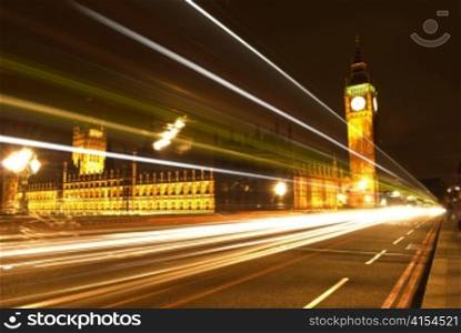 Big Ben and Parliament at night with trail lights