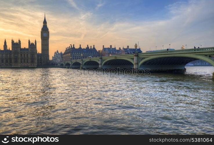 Big Ben and Westminster Bridge during Winter sunset.