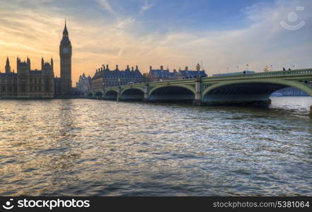 Big Ben and Westminster Bridge during Winter sunset.