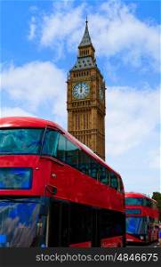 Big Ben Clock tower and London Bus in UK Thames river
