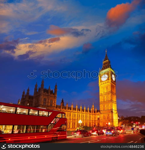 Big Ben Clock Tower with London Bus sunset in England