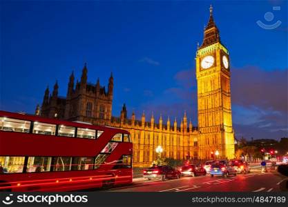 Big Ben Clock Tower with London Bus sunset in England