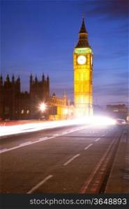 Big Ben from Westminster Bridge with Light Trail Landmark of London England United Kingdom at Dusk
