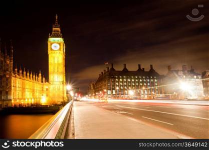 Big Ben from Westminster Bridge with Light Trail, London England United Kingdom at Night