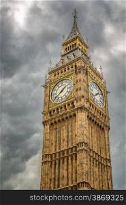 Big Ben in London against a cloudy grey and menacing sky